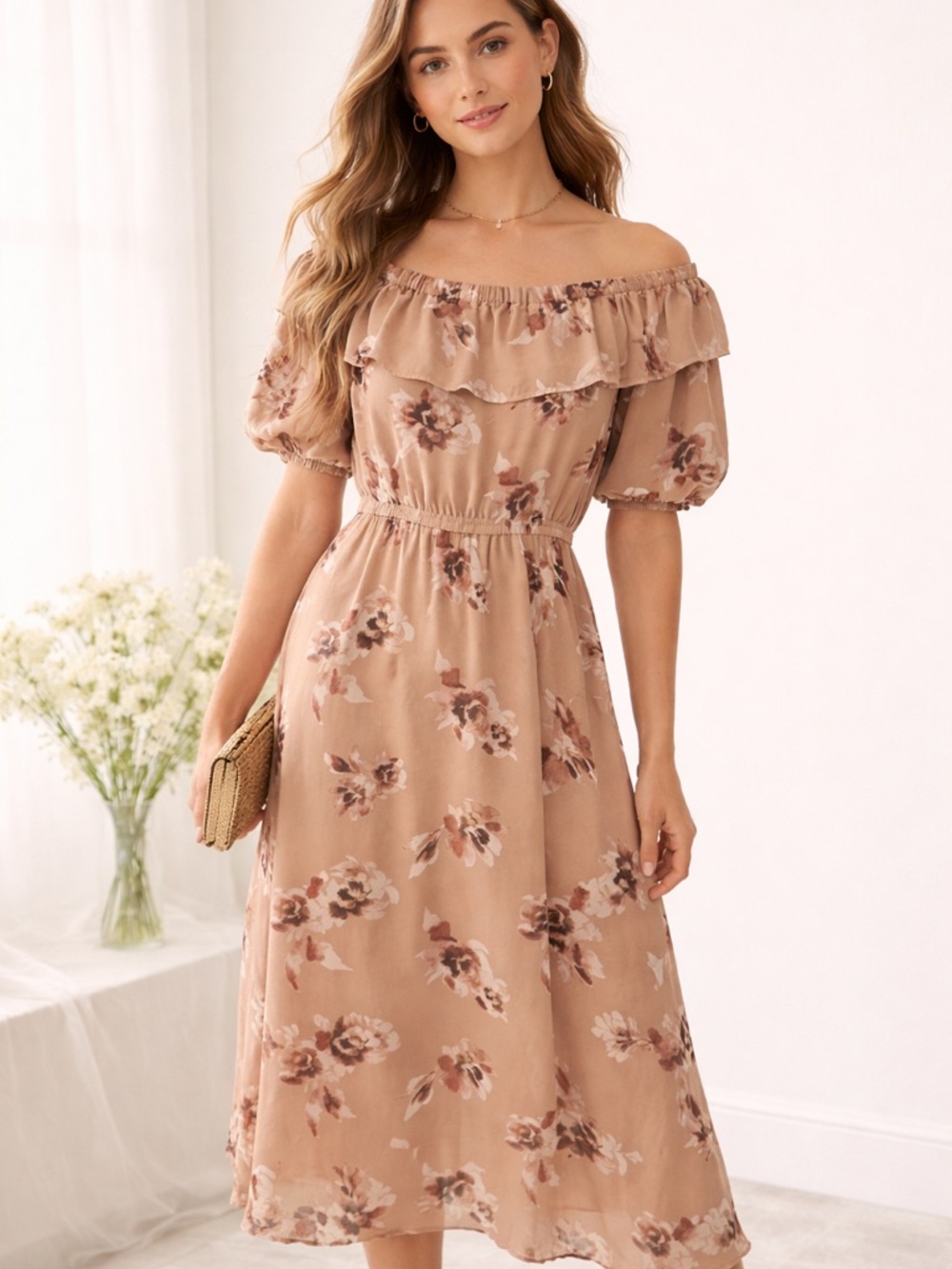 RW&CO Floral Off-Shoulder Midi Dress | Romantic Ruffle Sleeve